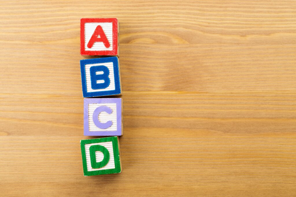 ABCD wooden toy block over the wooden background