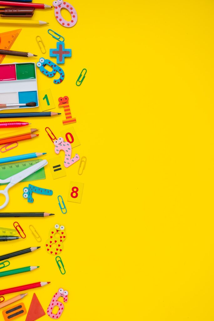 School equipment. Variety of school supplies. Flat lay.